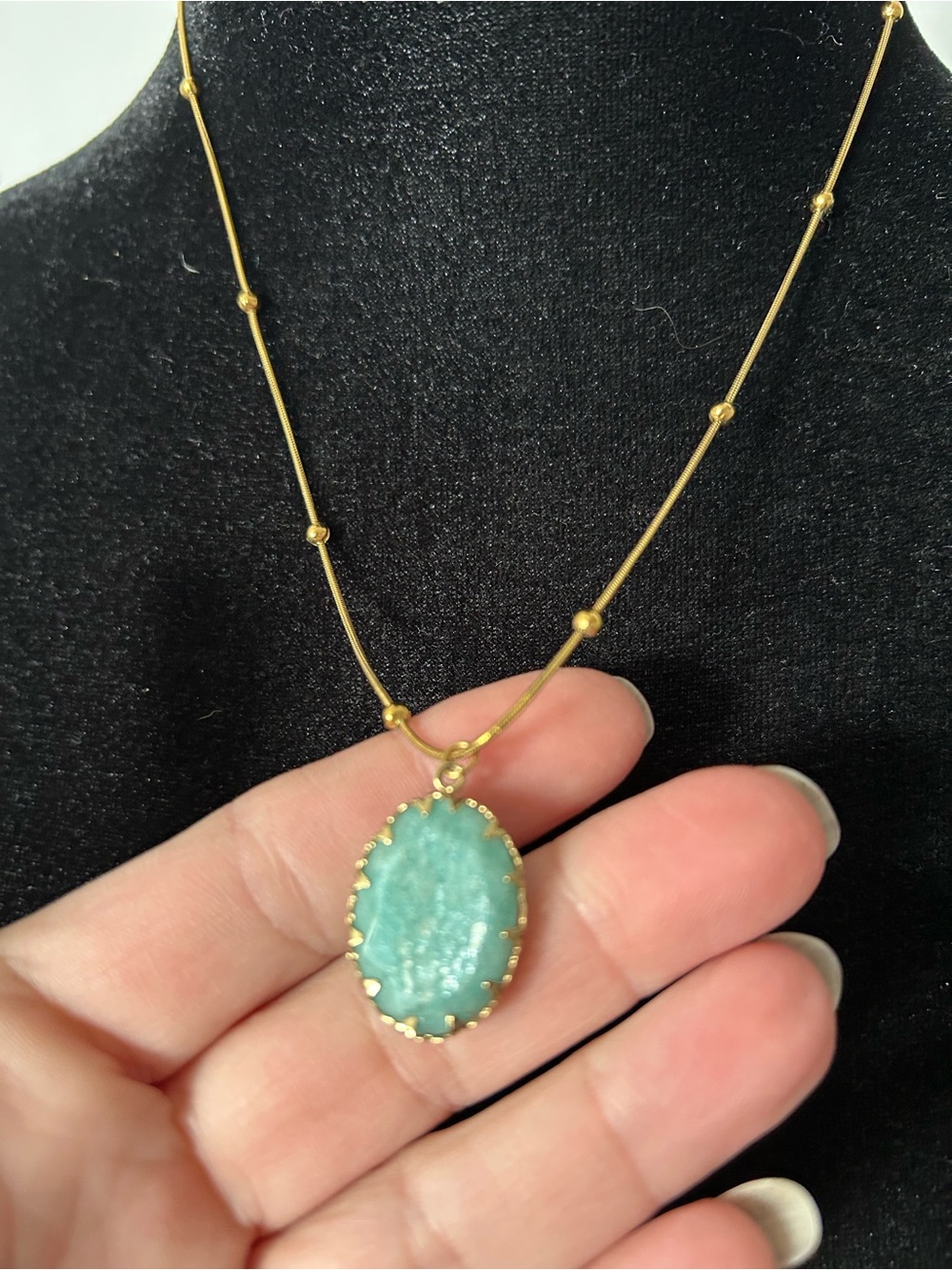Gold tone Necklace with Aqua Blue Oval Stone Pendant